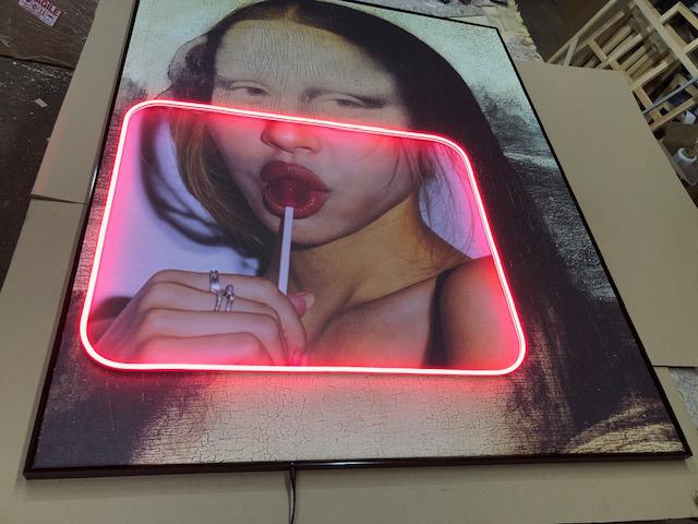 Mona Lisa with Neon Light Stretched Canvas Print