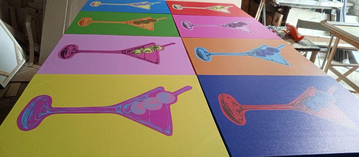 Martini Glass Pop Art Canvas Print Set, Rainbow Colors, Ready to Hang