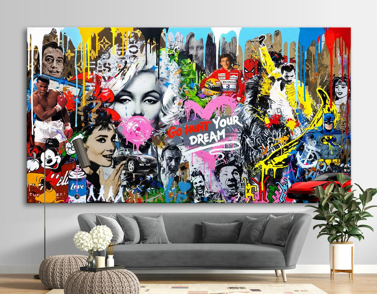 Extra Large Graffiti Wall Art: Urban Canvas Print, "Go Hunt Your Dream" Decor