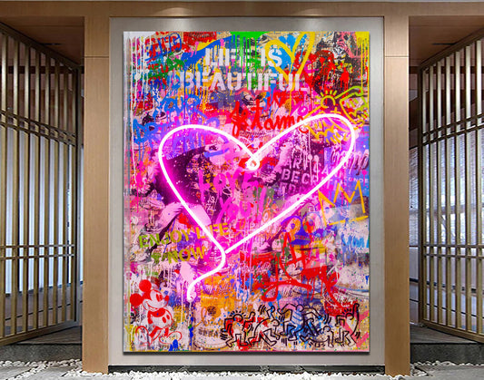 Graffiti Heart Canvas, Street Art Wall Decor, Pop Art Canvas Print, Abstract Colorful Wall Art, Romantic Urban Decor, Modern Home Art