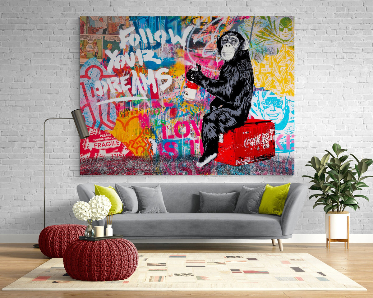 Monkey Painter Modern Urban Graffiti Print Canvas Living Room Wall Decor Ready to Hang Modern American Contemporary Art Teenage Boy Gift