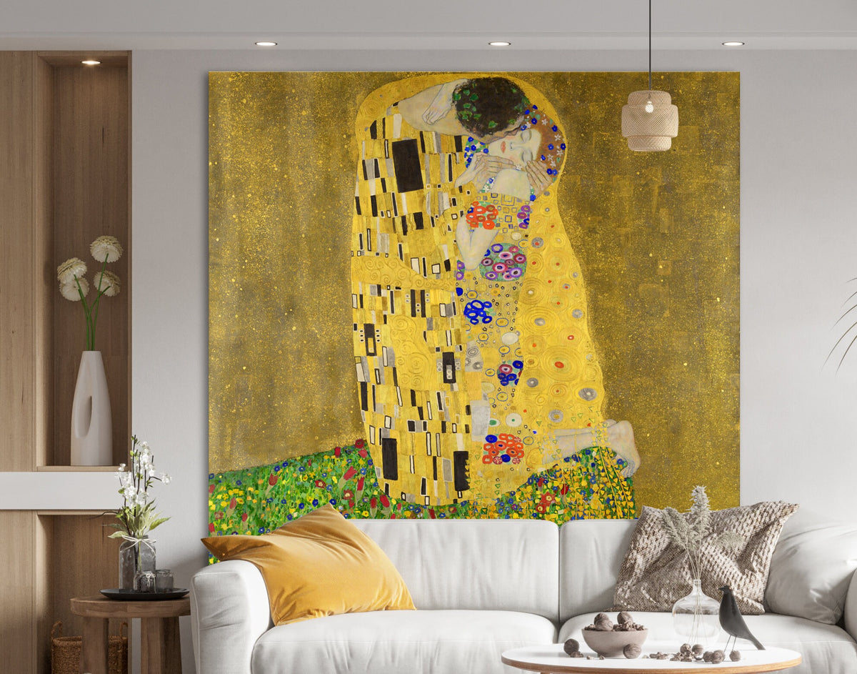 Gustav Klimt The Kiss Print on Canvas Famous Bright Colorful Modern Living Room Decor Expensive Wall Art Ready to Hang Love Gift