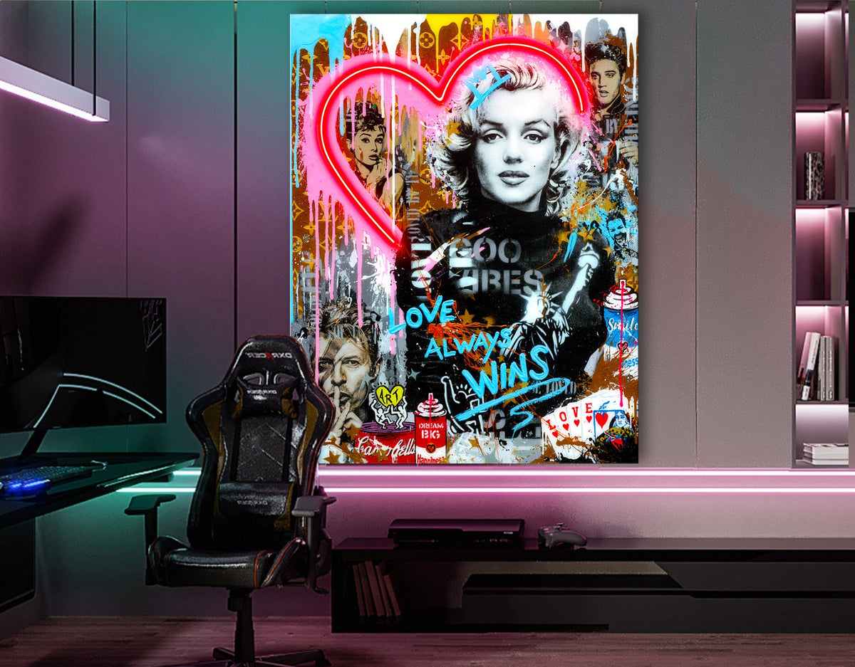 Icon Monroe with Neon Light Colorful Stretched Extra large Canvas Print Urban Modern Graffiti Art Wall Gamer Room Decor Teenage Gift