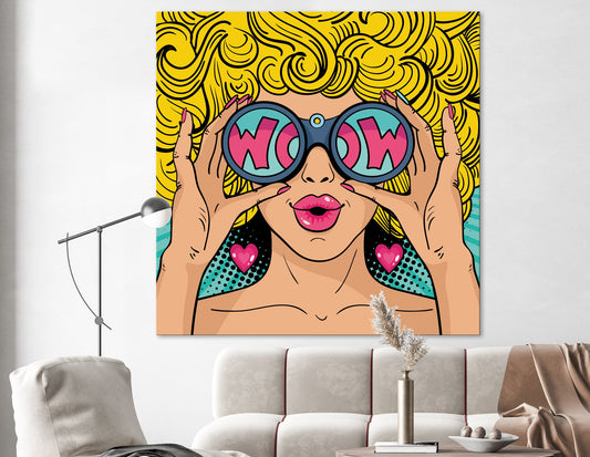 Wow Girl Blond Print on Canvas Bright Living Room Girl's Room Modern Fashion Pop Art Vintage Wall Art Painting Ready to Hang Gift for Her