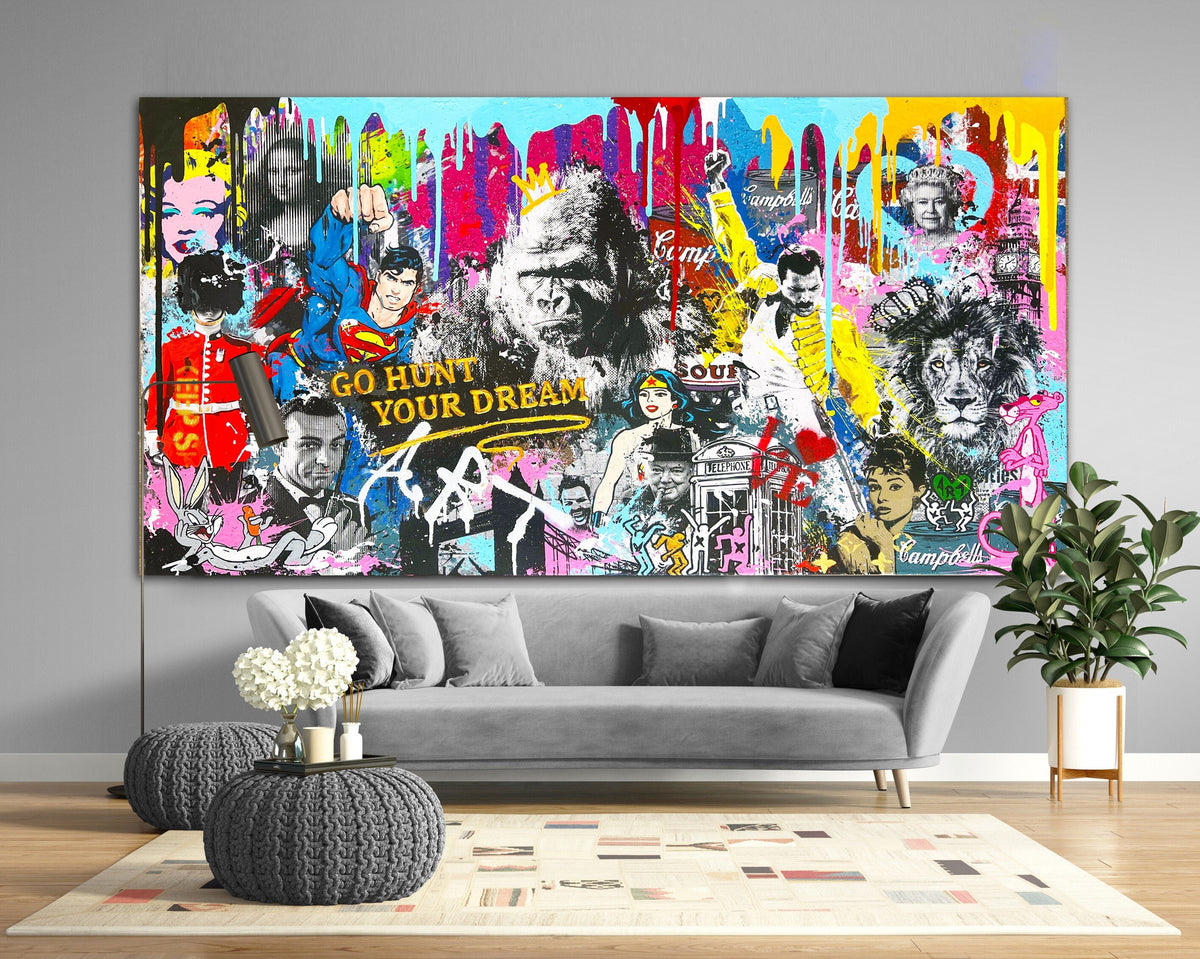 Graffiti Pop Art Canvas: "Go Hunt Your Dream" Extra Large Wall Art