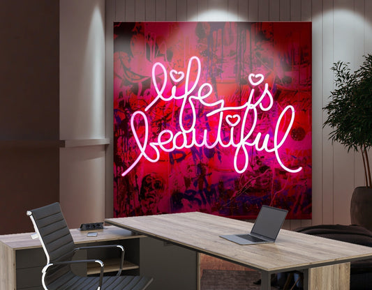 Life Is Beautiful Neon Style Print on Canvas Bright Modern Extra Large Wall Art Graffiti Urban Pop Art Original Office Wall Decor Love Gift
