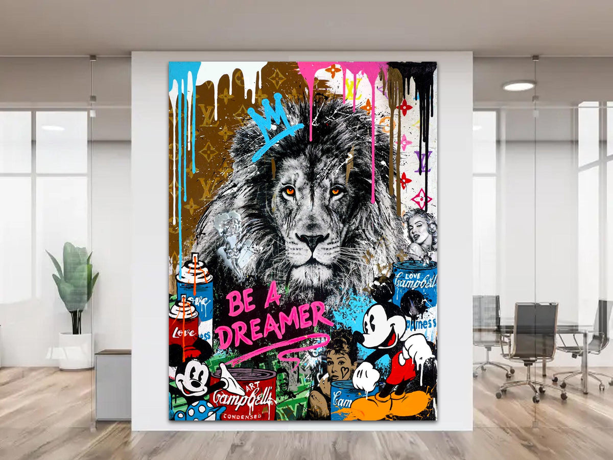Lion Graffiti Canvas Art, "Be A Dreamer" Pop Art Print