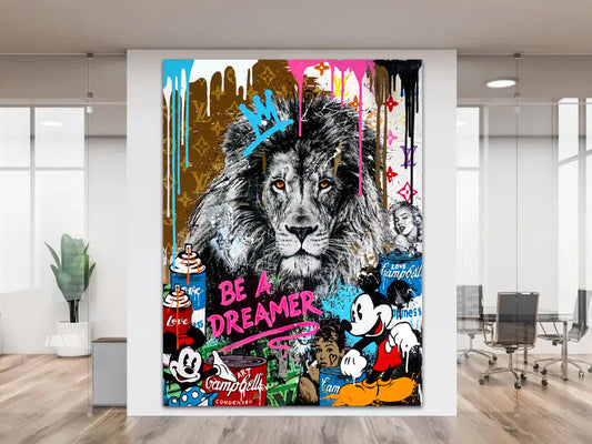 Lion Graffiti Canvas Art, "Be A Dreamer" Pop Art Print