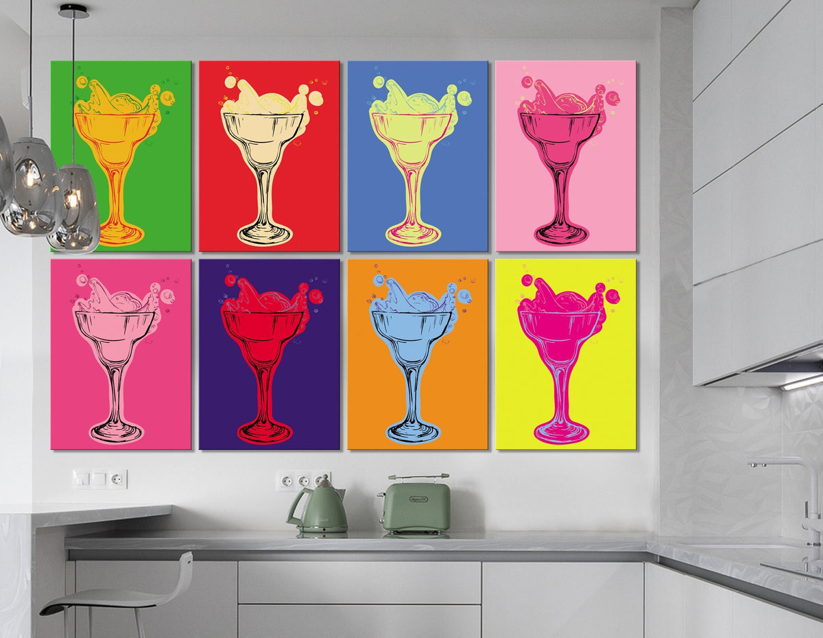 Cocktails SET of 8 Print on Canvas Bright Colorful Living Room Café Extra Large Wall Decor Ready to Hang Pop Art Best Housewarming Gift