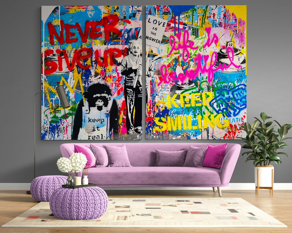 Never give Up Urban Graffiti Print on Canvas Bright Colorful Living Room Pop Art Wall Decor Ready to Hang Painting Best Housewarming gift