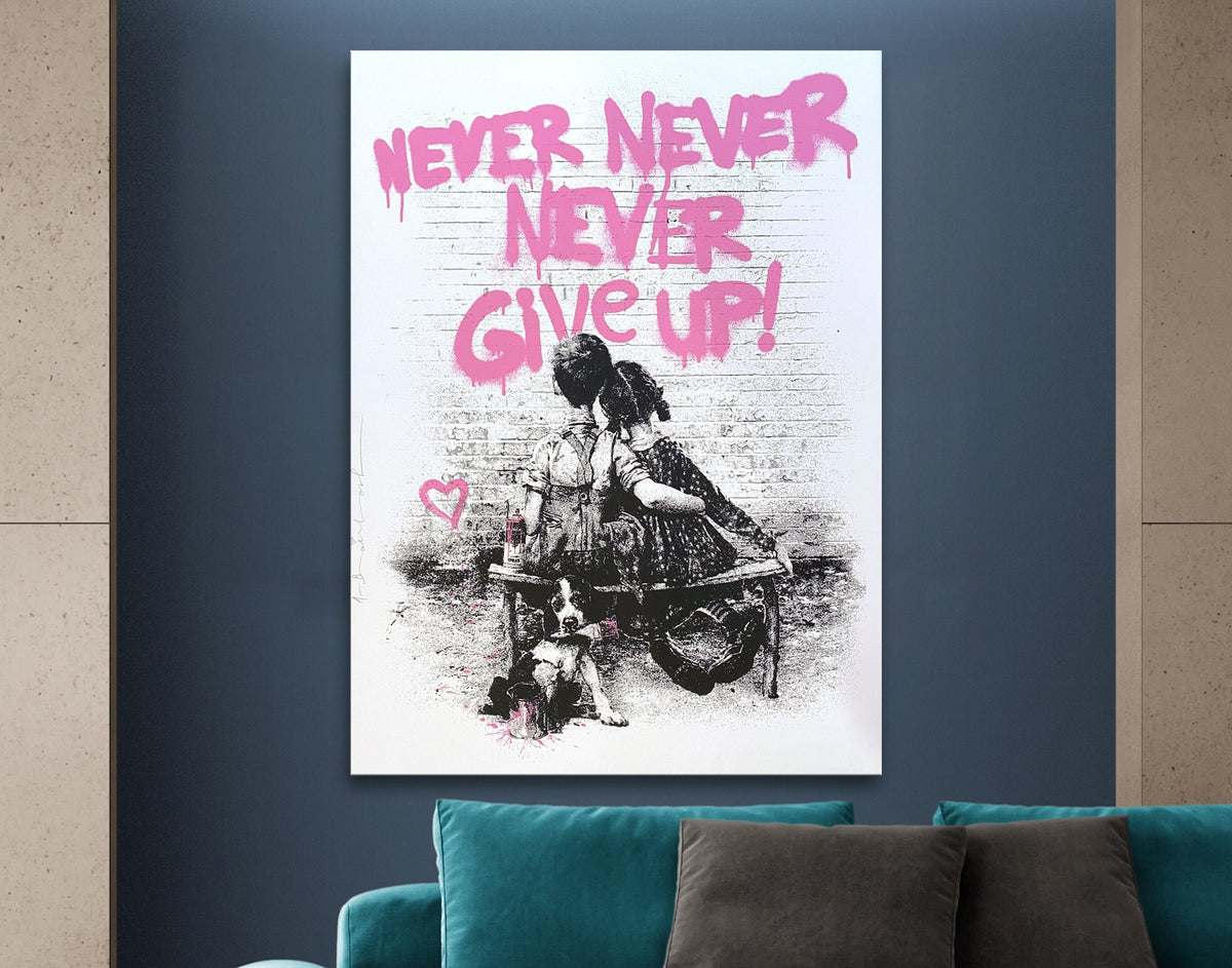 Never Give Up Motivation Bright Pink Colorful Urban Graffiti Painting on Canvas Ready to Hang Living Room Wall Decor Print Wedding love gift
