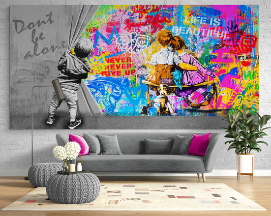 Behind the Curtain Love is Print on Canvas Colorful Urban Graffiti Large Wall Art Ready to Hang Wall Decor Modern Street Art Teenage Gift