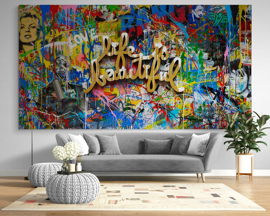 Life is beautiful Motivation Bright Colorful Urban Graffiti Print on Canvas Ready to Hang Living Room Wall Decor Painting Gift for Her