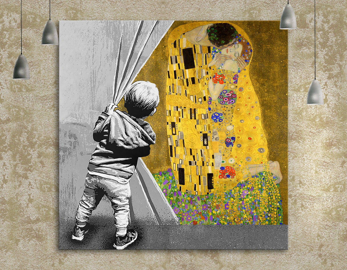 Klimt's Kiss Graffiti Canvas Art Print, Modern Urban Wall Decor