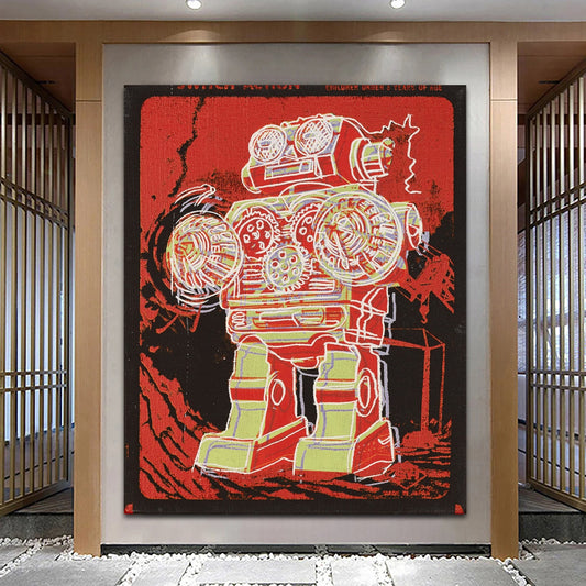 Andy Warhol Inspired Robot Extra Large Stretched Canvas Wall Art – Pop Art Print for Trendy Living Room, Modern Teenage Birthday Gift