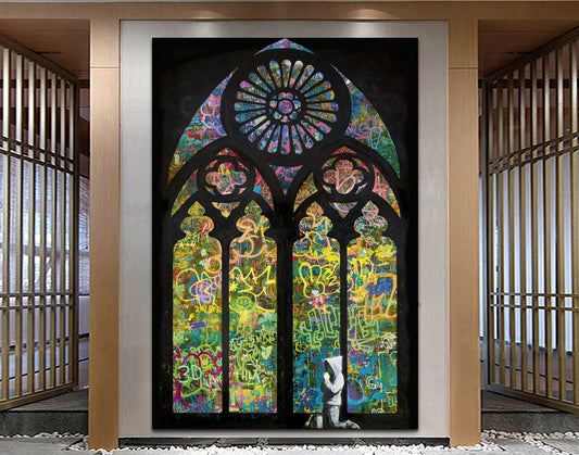 Banksy Stained Glass Boy Print, Urban Graffiti Art Canvas