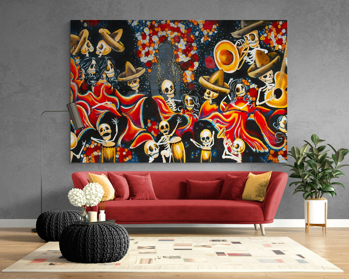 Mexican Art Skeleton Party Canvas Print, Large Ready to Hang Wall Decor