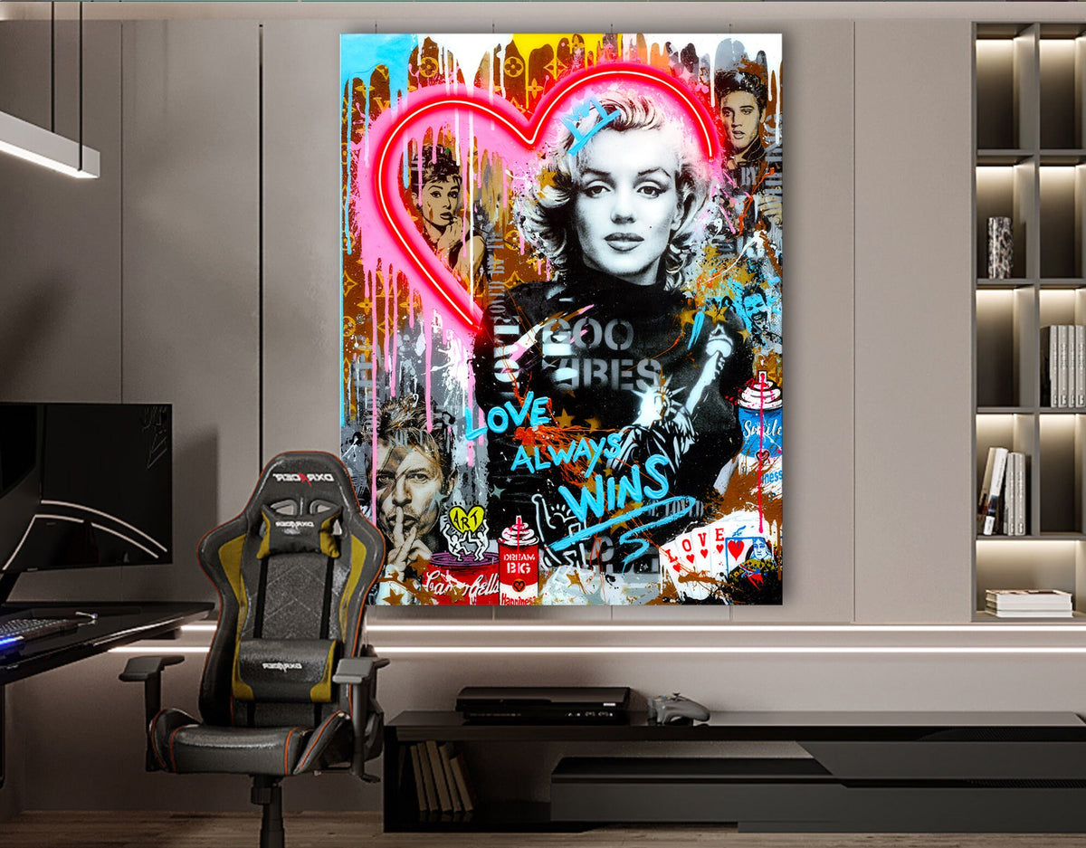Icon Monroe with Neon Light Colorful Stretched Extra large Canvas Print Urban Modern Graffiti Art Wall Gamer Room Decor Teenage Gift