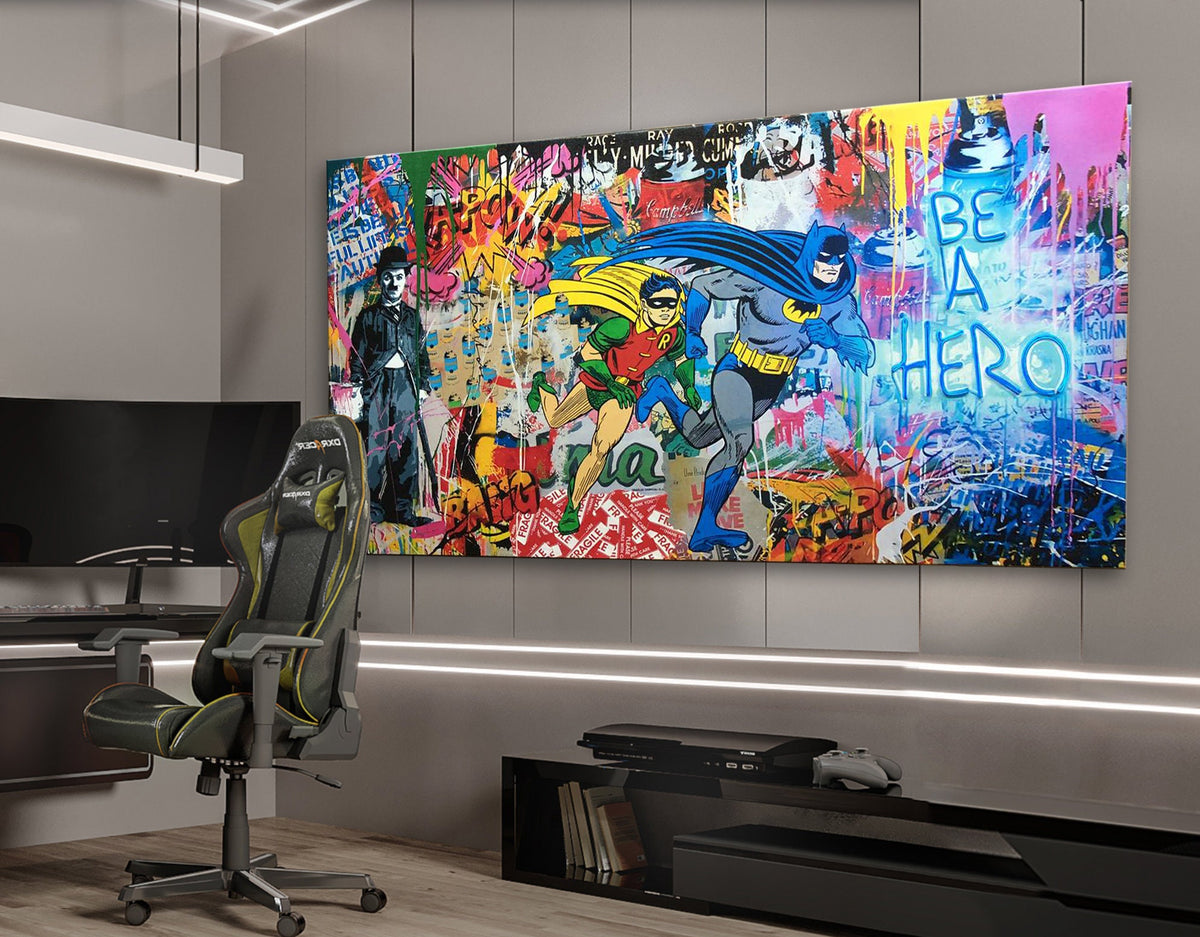 Neon Lights Be a Hero Extra large Stretched Canvas Print Urban Graffiti Modern Art Wall Decor Gamer Room Teenage Christmas Gift for Him