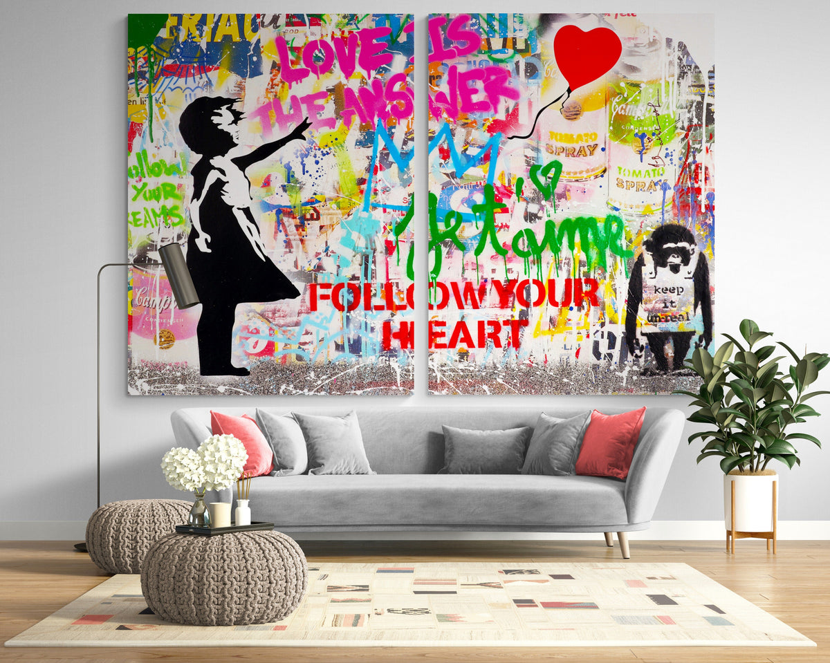 Balloon Girl Canvas Print: Bright Street Art, Modern Graffiti Decor