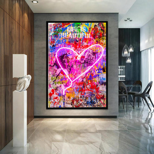 Neon Light Heart Stretched Extra large Canvas Print Urban Modern Graffiti  Art Wall Gamer Room Decor Teenage Christmas Love Gift for Her