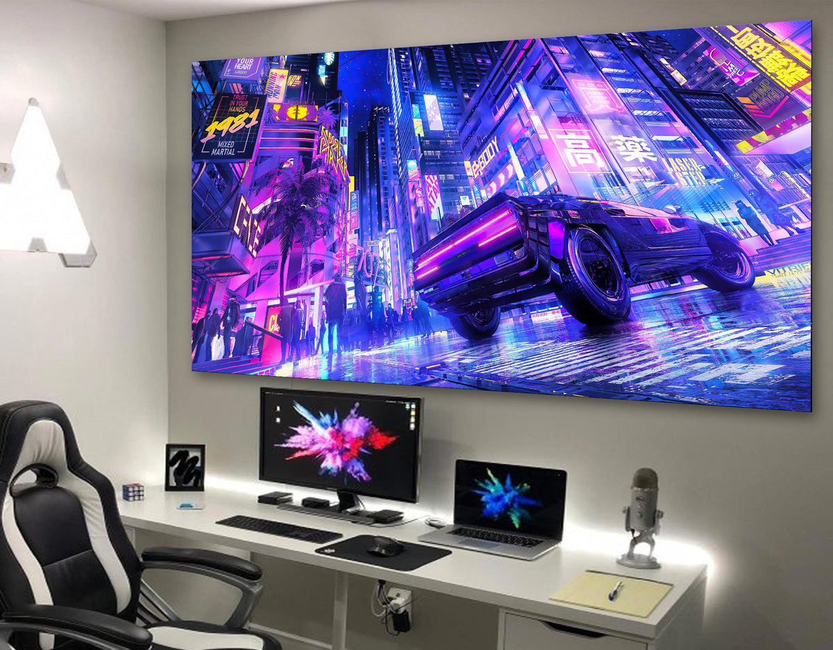 Cyberpunk City Car Cybertrack Urban Extra Large Neon Print on Canvas Ready to Hang Game Room Wall Decor Modern Active Best Teenage Boy Gift