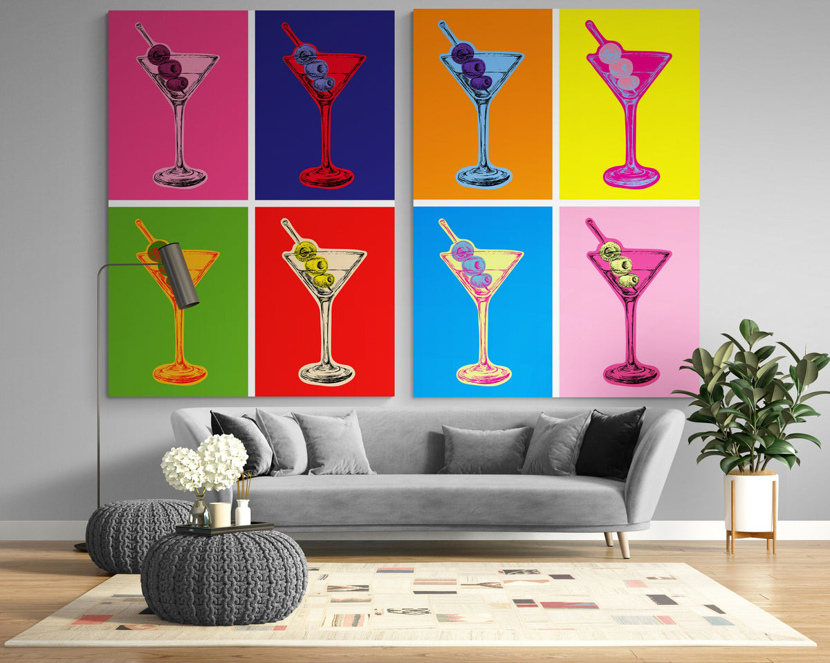 Martini Glass Pop Art Canvas Print Set, Rainbow Colors, Ready to Hang