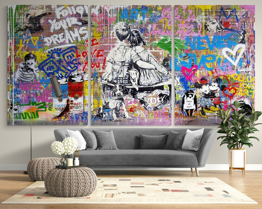 Banksy Style Canvas Print, Follow Your Dreams Art, Romantic Urban Wall Decor, Vibrant Graffiti Canvas, Creative Bedroom Pop Art Poster