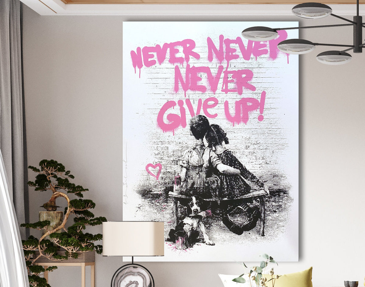 Never Give Up Motivation Bright Pink Colorful Urban Graffiti Painting on Canvas Ready to Hang Living Room Wall Decor Print Wedding love gift