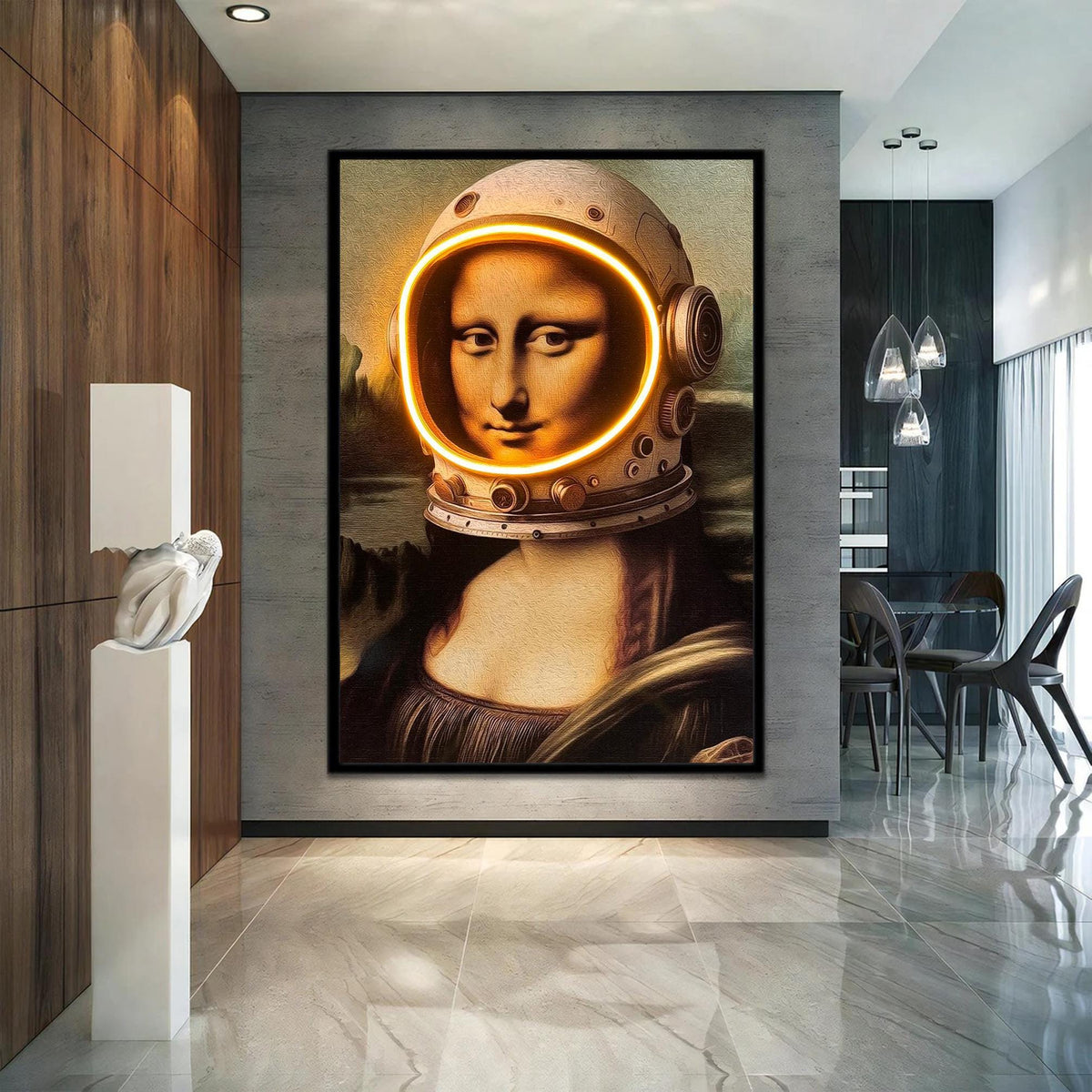 Mona Lisa in helmet with Neon Light Stretched Extra large Canvas Print Urban Modern Graffiti  Art Wall Gamer Room Decor Teenage Gift for Her