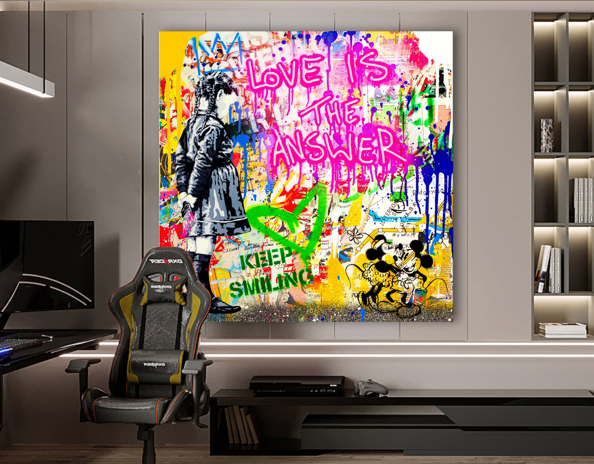 Neon Light Love Is The Answer Stretched Extra Large Canvas Print Modern Graffiti Art Wall Gamer Room Decor Teenage Christmas Gift for Him