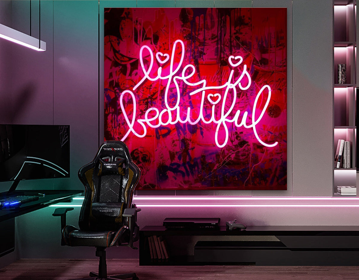Neon Light Life Is Beautiful Stretched Extra large Canvas Print Modern Graffiti Art Wall Gamer Room Decor Teenage Christmas Gift for Him