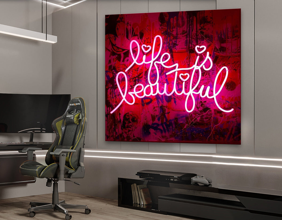 Neon Light Life Is Beautiful Stretched Extra large Canvas Print Modern Graffiti Art Wall Gamer Room Decor Teenage Christmas Gift for Him
