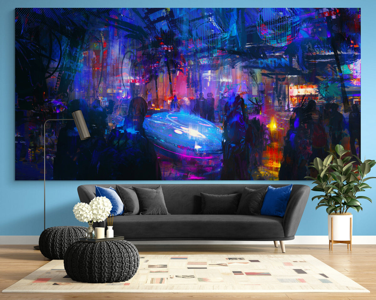 Cyberpunk Downtown Urban Extra Large Bright Neon Colorful Print on Canvas Ready to Hang Game Room Wall Decor Modern Active Teenage Boy Gift