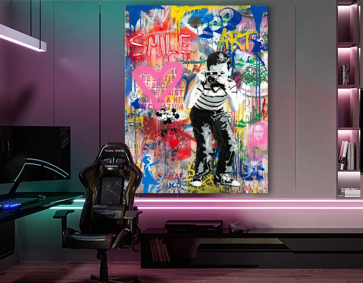 Photographer boy Neon Light Colorful Stretched Extra large Canvas Print Urban Modern Graffiti Art Wall Gamer Room Decor Teenage Gift