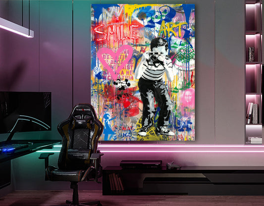 Photographer boy Neon Light Colorful Stretched Extra large Canvas Print Urban Modern Graffiti Art Wall Gamer Room Decor Teenage Gift