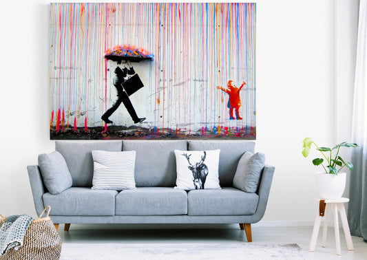 Banksy Color Rain Canvas Print, Modern Urban Art, Ready to Hang