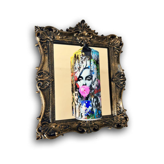 Icon of Style Graffiti Torn Spraycan Sculpture in classic frame on gold acrylic
