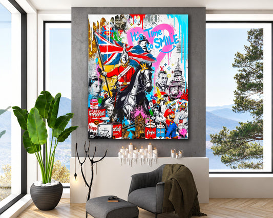 Its time to smile Modern Motivation Bright Colorful Urban Graffiti Print on Canvas Ready to Hang Living Room Wall Decor