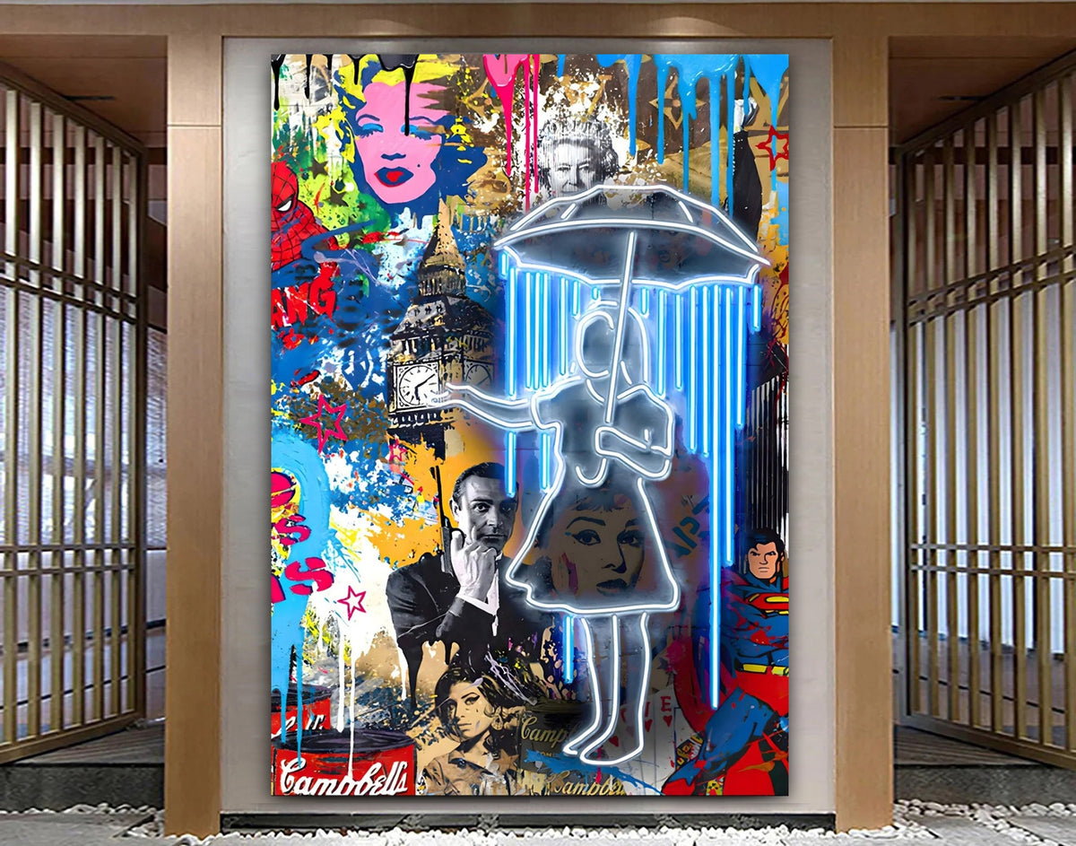 Neon Blue Rain Canvas Print, Pop Art Graffiti Style