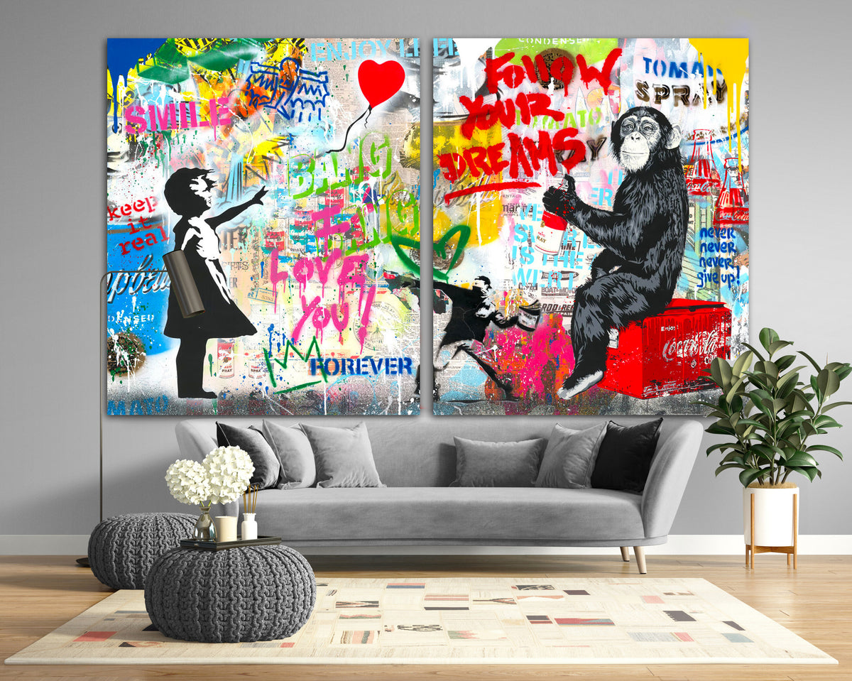 Banksy Monkey Canvas Art, Follow Your Dreams Graffiti, Street Art Canvas Wall Decor, Girl Balloon Pop Art, Large Urban Canvas Painting
