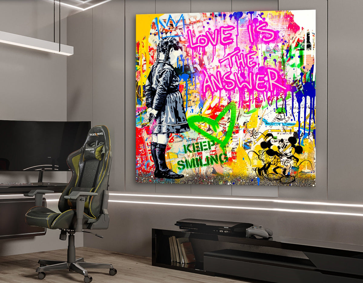 Neon Light Love Is The Answer Stretched Extra Large Canvas Print Modern Graffiti Art Wall Gamer Room Decor Teenage Christmas Gift for Him