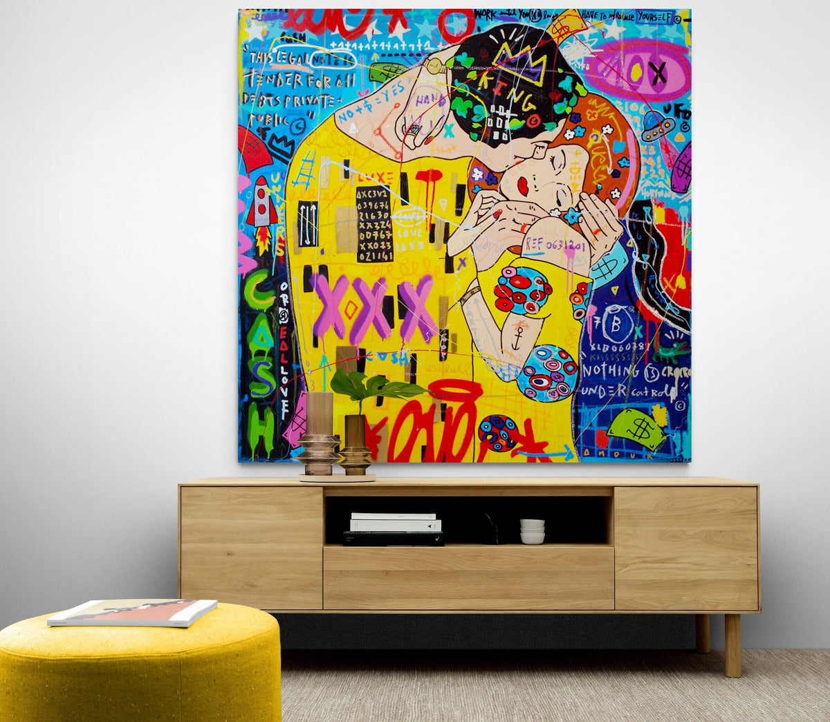 Gustav Klimt The Kiss Canvas Wall Art, Colorful Graffiti Kissing Painting, Abstract Romance Print, Street Pop Art, Large Living Room Decor