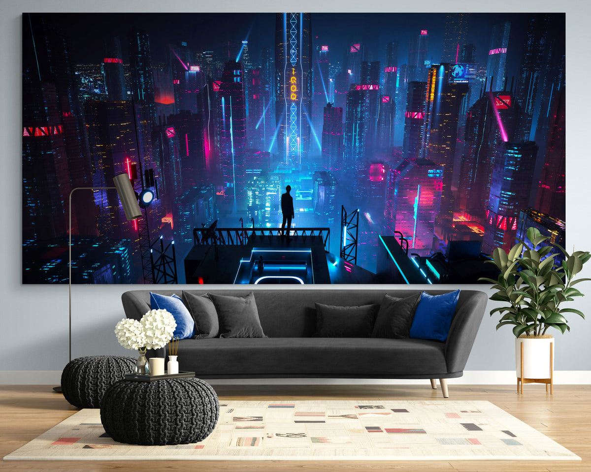 Cyberpunk Cityman Urban Extra Large Bright Colorful Neon Print on Canvas Ready to Hang Game Room Wall Decor Modern Active Teenage Boy Gift