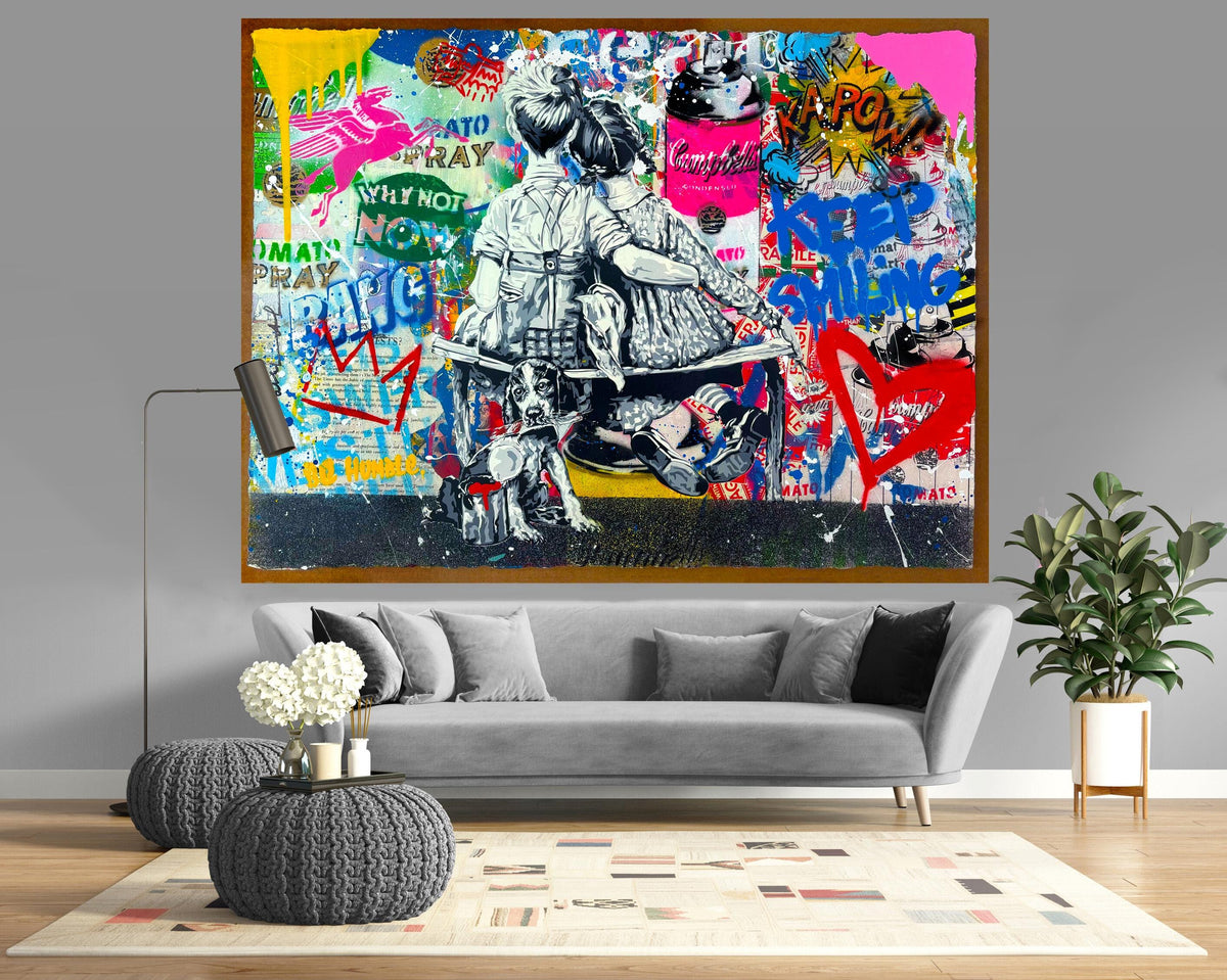 Mr. Brainwash "Keep Smile" Graffiti Canvas Print, Large Urban Wall Decor