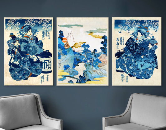 Utagava Koniyoshi Fuji no Yukei 1890 SET of 3 Bright Classic japanese Canvas Wall Art Decor Print Ready to hang Living room decor