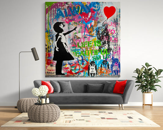 Girl with Red Balloon Graffiti Canvas Art Print, Modern Urban Wall Decor