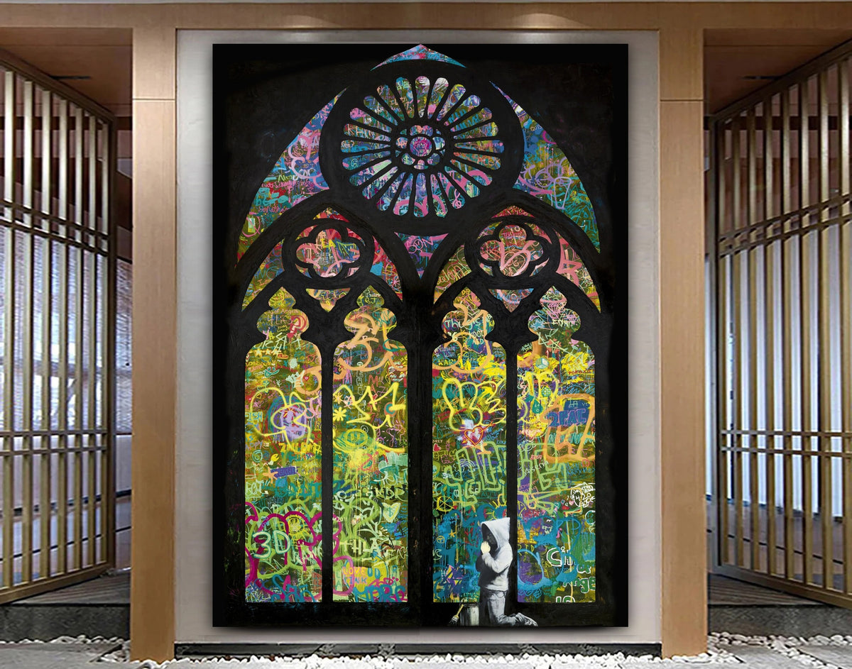 Forgive Us Our Trespassing Banksy stained glass boy Stretched Extra large Canvas Print Modern Graffiti Art Wall Teenage Christmas Gift