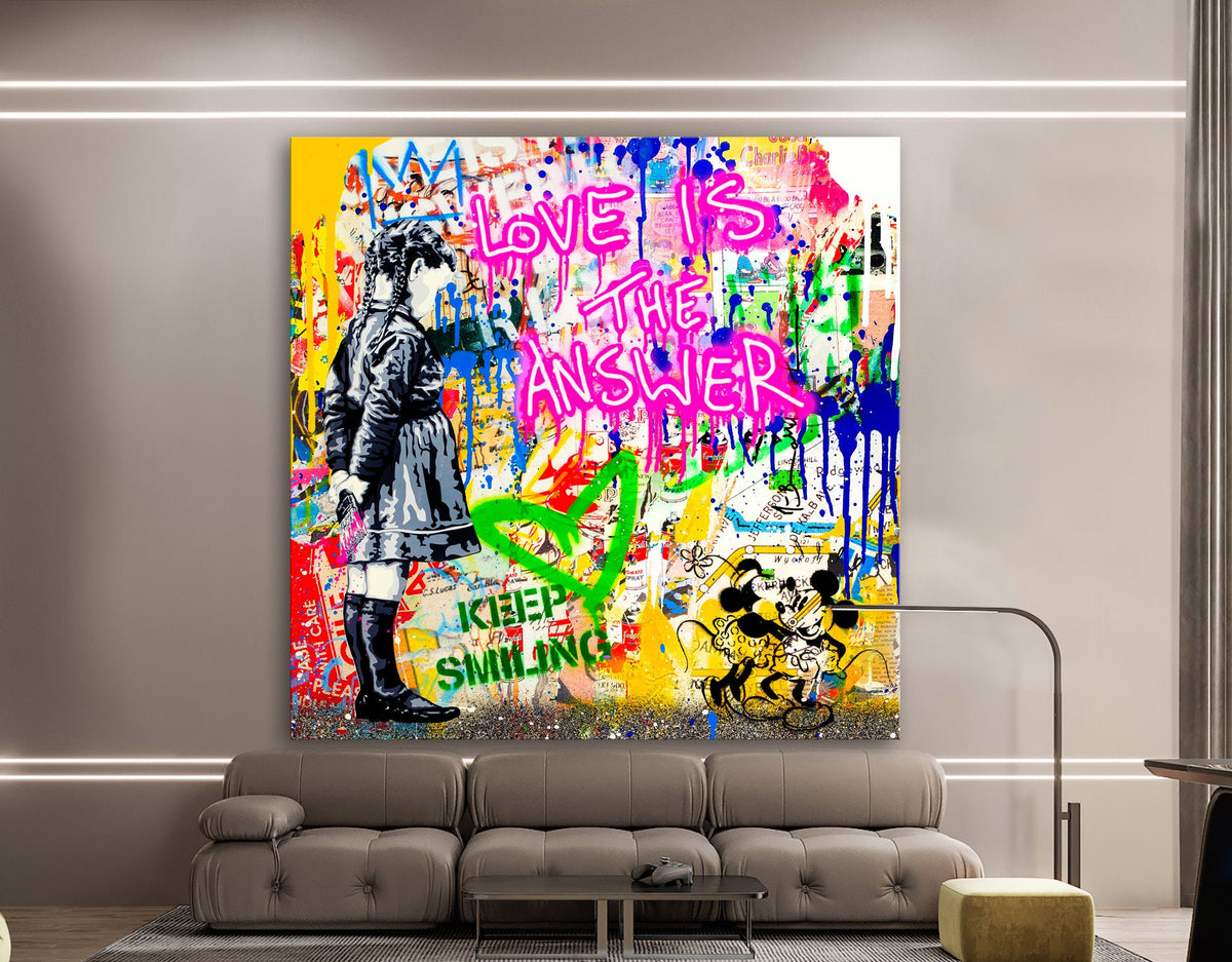 Neon Light Love Is The Answer Stretched Extra Large Canvas Print Modern Graffiti Art Wall Gamer Room Decor Teenage Christmas Gift for Him