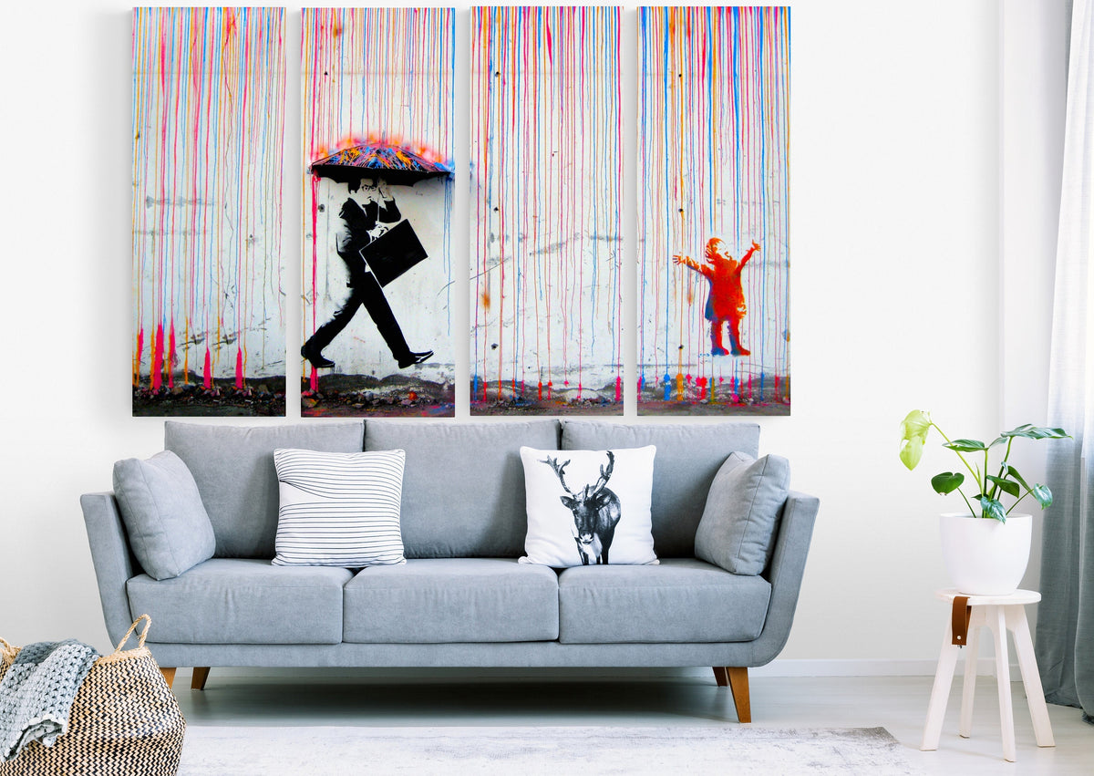 Banksy Color Rain Canvas Print, Modern Urban Art, Ready to Hang